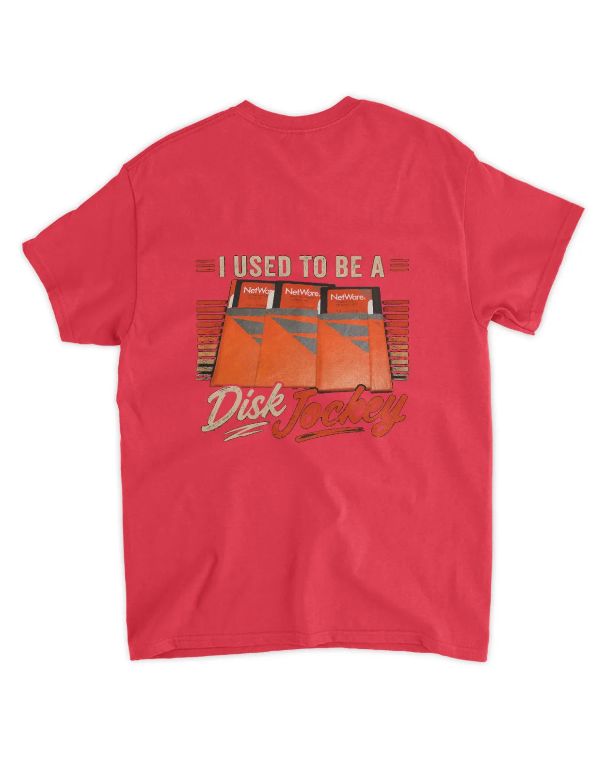 Red t-shirt featuring a graphic of floppy disks and the text "I Used to Be a Disk Jockey" in retro style.