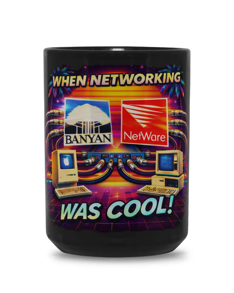 "When Networking Was Cool" retro IT black mug, 15oz ceramic with full-wrap design and black gloss finish