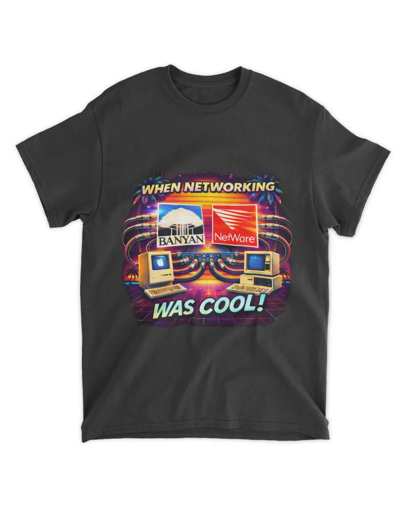 "When Networking Was Cool" retro IT T-shirt for network engineers with vintage tech slogan on preshrunk cotton tee