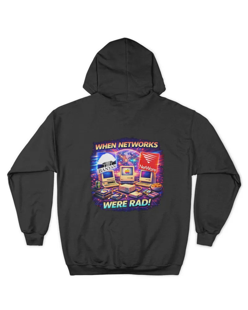 When Networks Were Rad! unisex retro tech hoodie with fleece fabric, drawcord hood, pouch pocket, and front graphic
