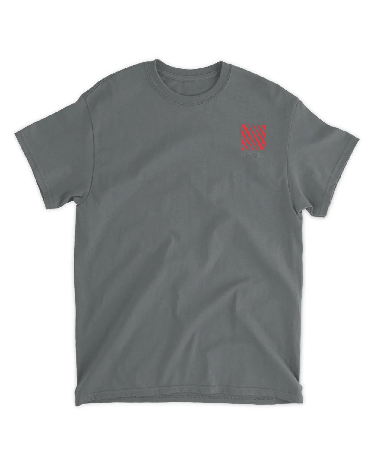 Dark grey t-shirt with a small red striped graphic and "NOVELL" logo on the chest. 100% cotton material.