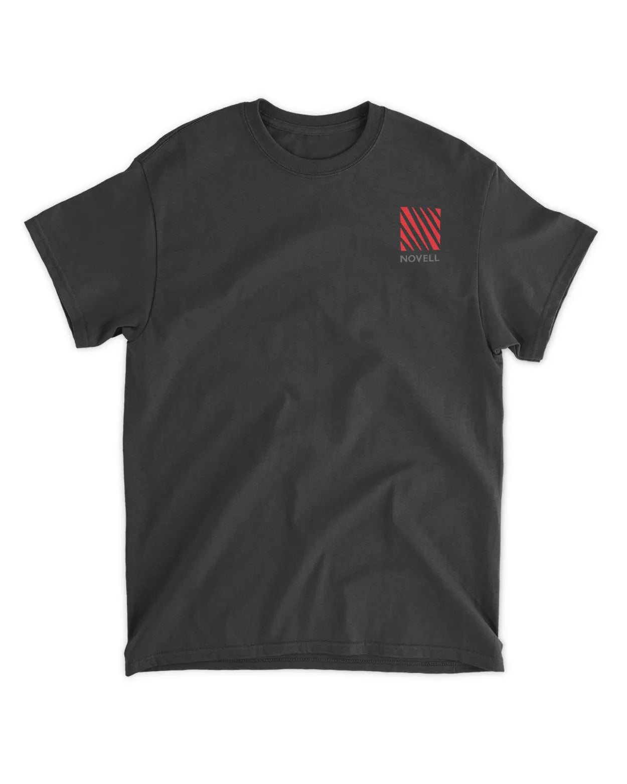 Dark grey t-shirt featuring a small red and white striped Novell logo on the upper left chest area.
