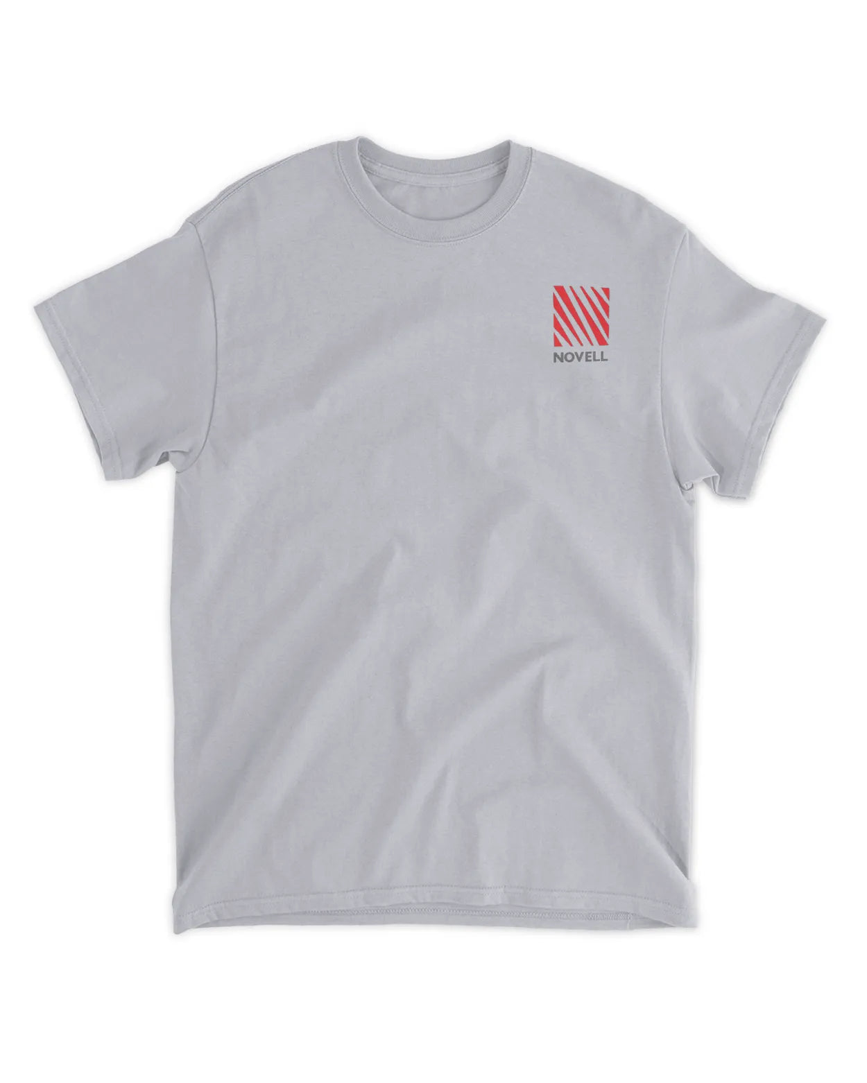 Light grey t-shirt featuring a small red and grey striped Novell logo on the left chest. 100% cotton fabric.