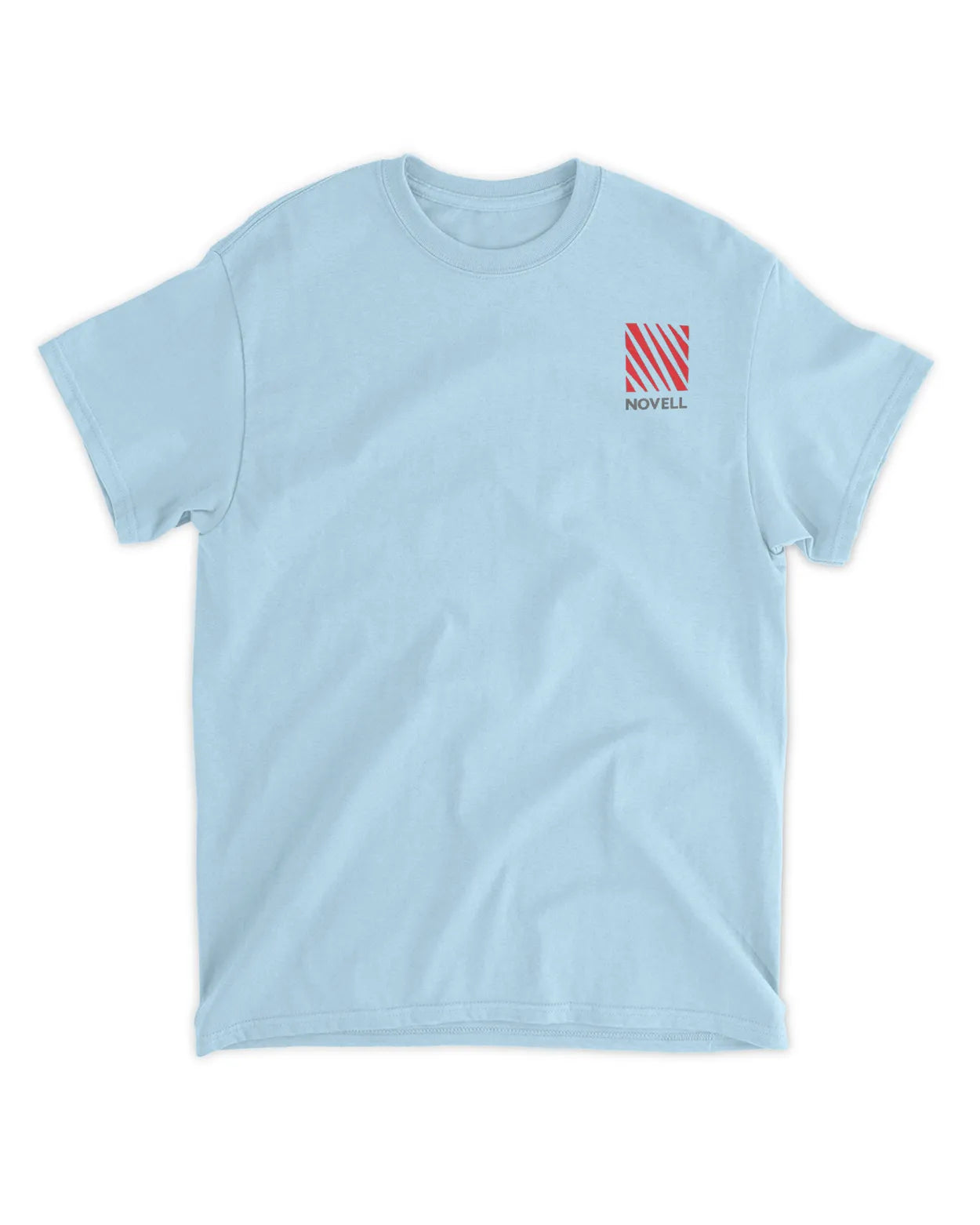 Light blue t-shirt featuring a small red and white striped Novell logo on the left chest area.