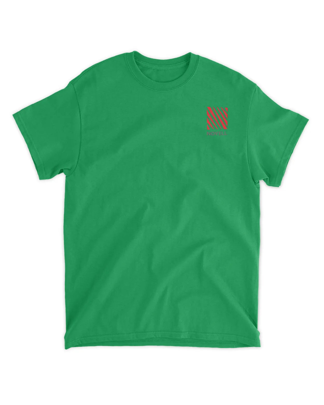 Bright green t-shirt featuring a small red and black striped graphic with the word "NOVELL" on the left chest.