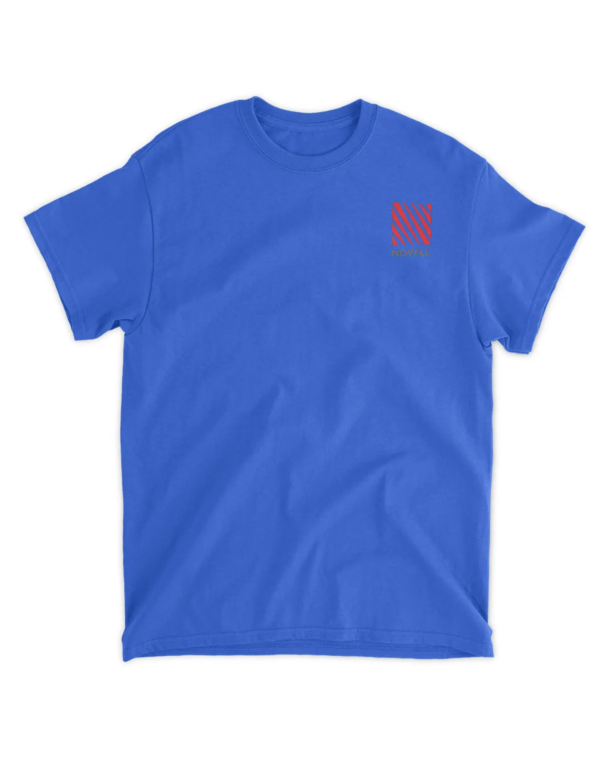 Bright blue t-shirt featuring a small red Novell logo on the chest. Made from preshrunk 100% cotton.
