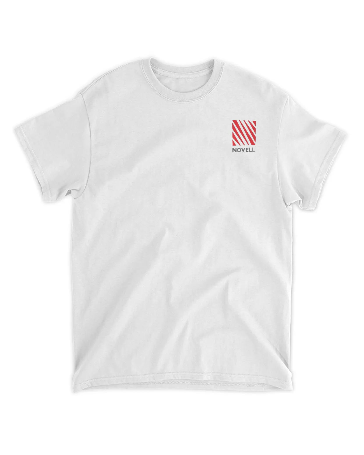 White t-shirt featuring a red and white striped "Novell" logo on the left chest. Short sleeves and a classic fit.