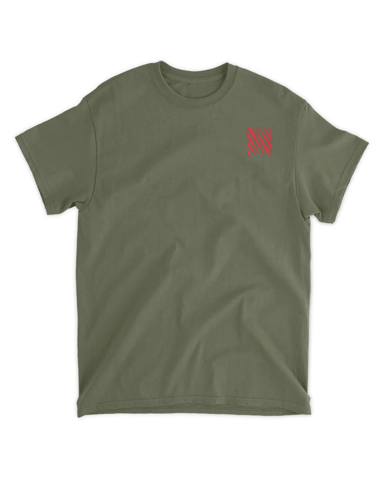Olive green t-shirt featuring a small red striped logo with "NOVELL" text on the upper left chest.