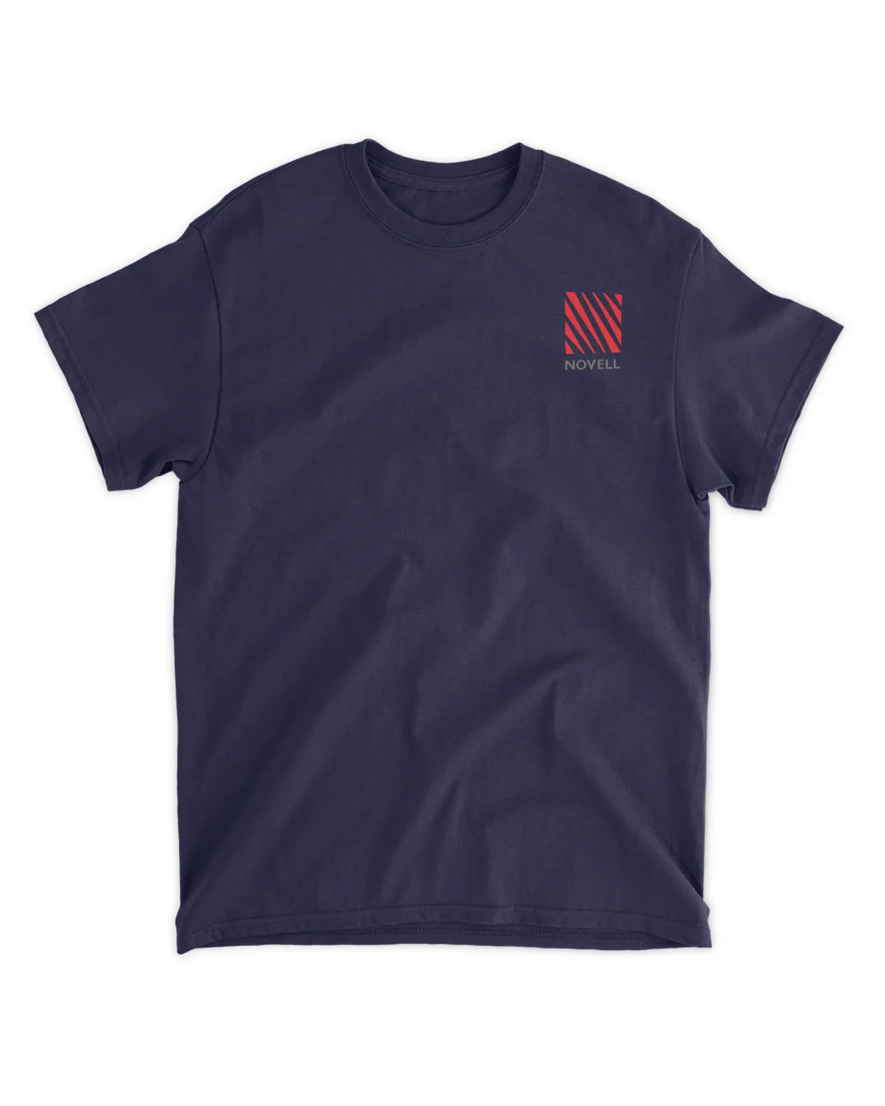 Navy t-shirt featuring a red striped Novell logo on the left chest; made from 100% cotton for comfort.