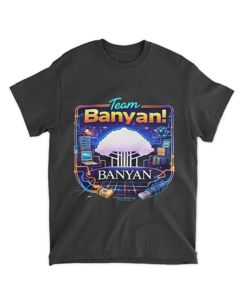Team Banyan Retro IT T-Shirt version 2 with Banyan VINES inspired design on a preshrunk cotton tee